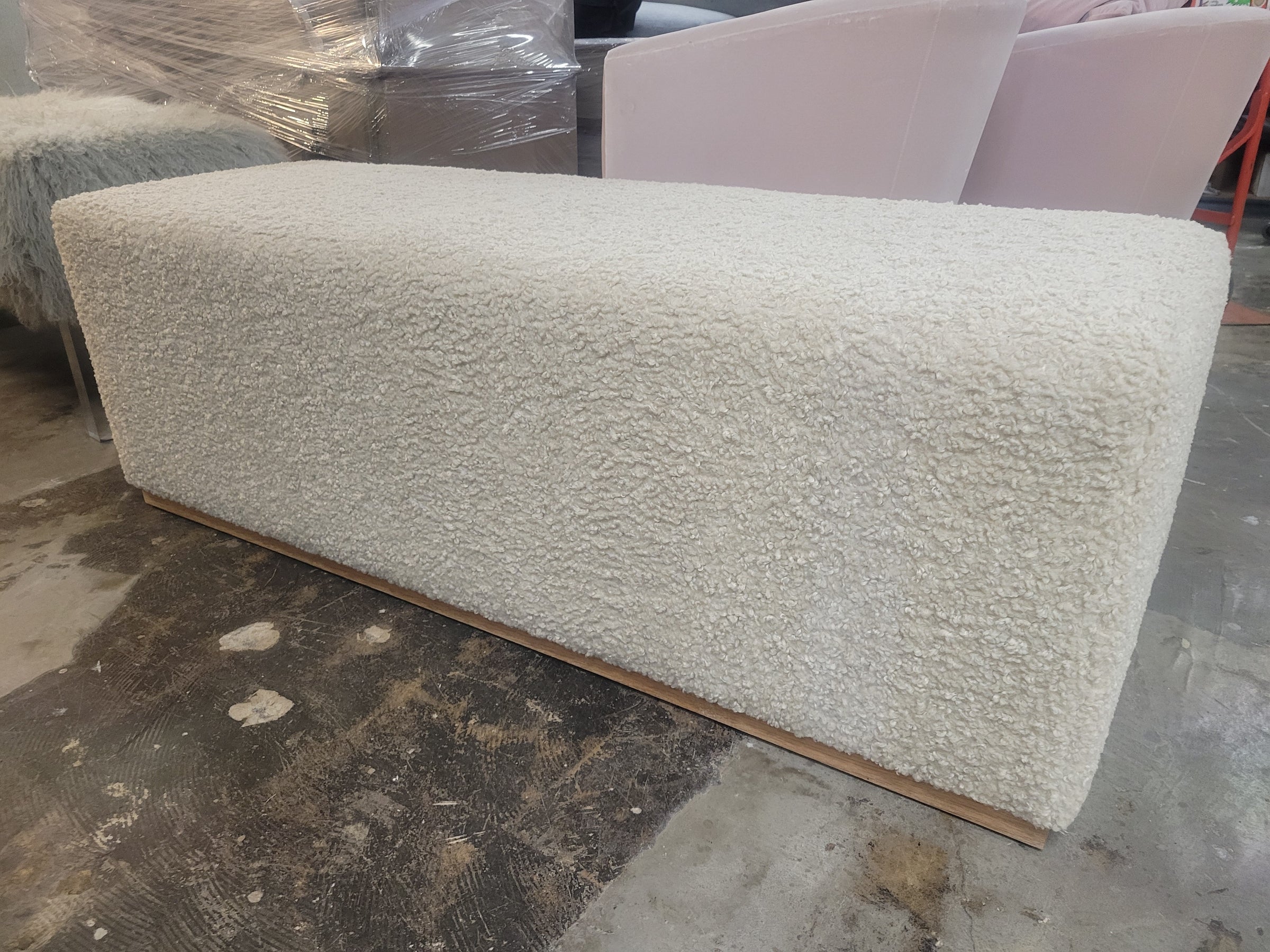 White Sheepskin Block Bench on Oak Base