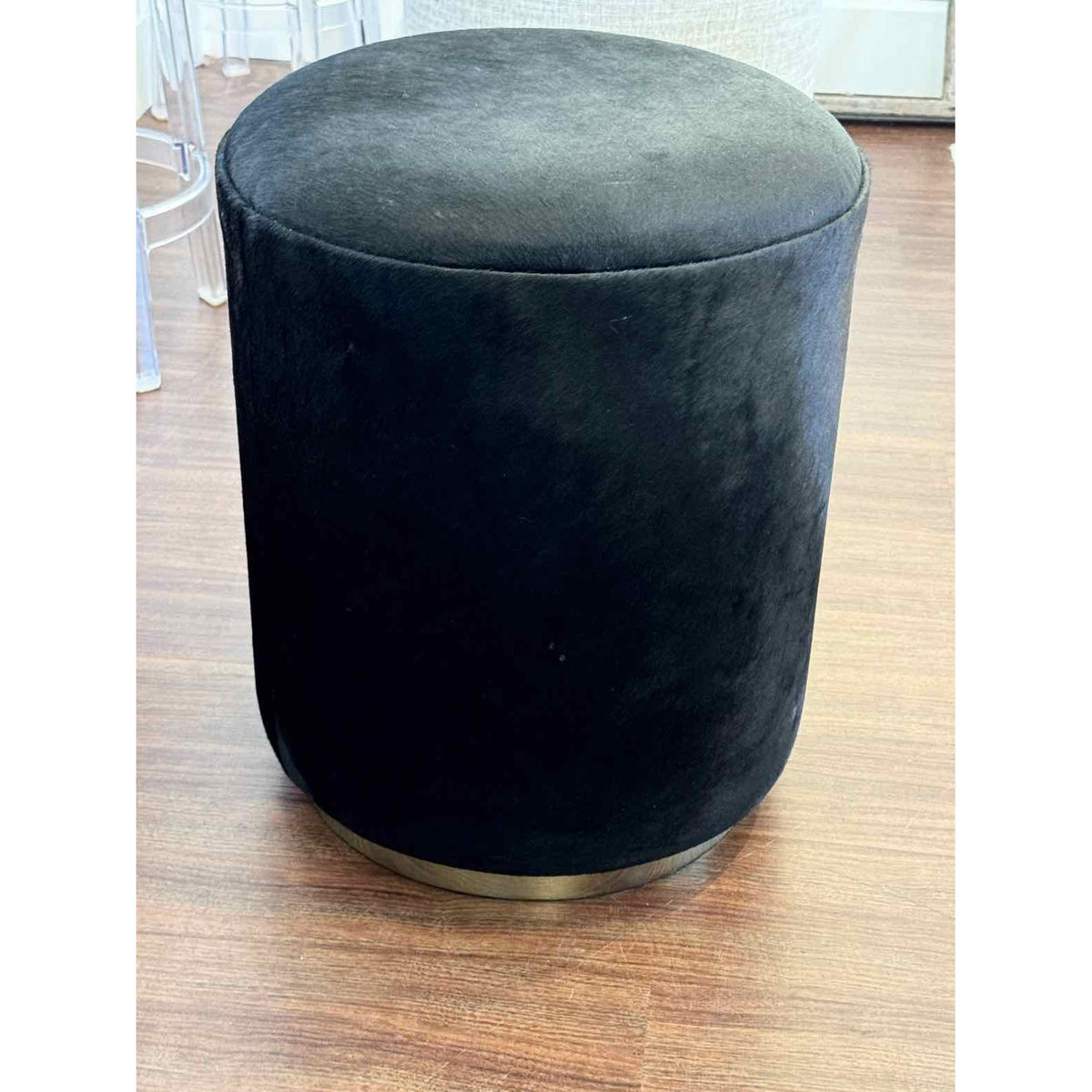 Chubby Ottoman Stool in Black Faux Cowhide w/ Shiny Brass Base