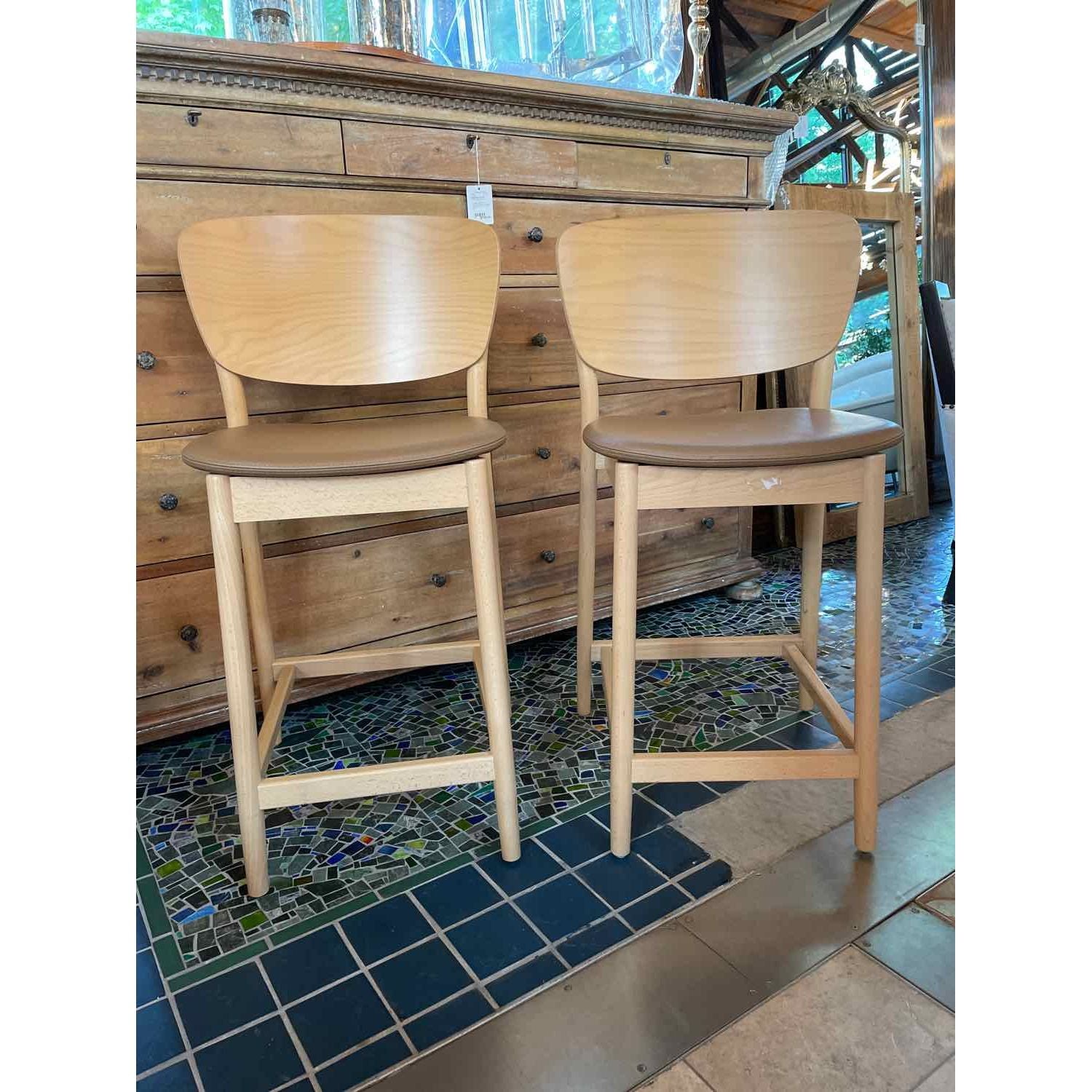 SET of 4 Leather & Wood Valencia Counter Stools by Ton (AS IS)