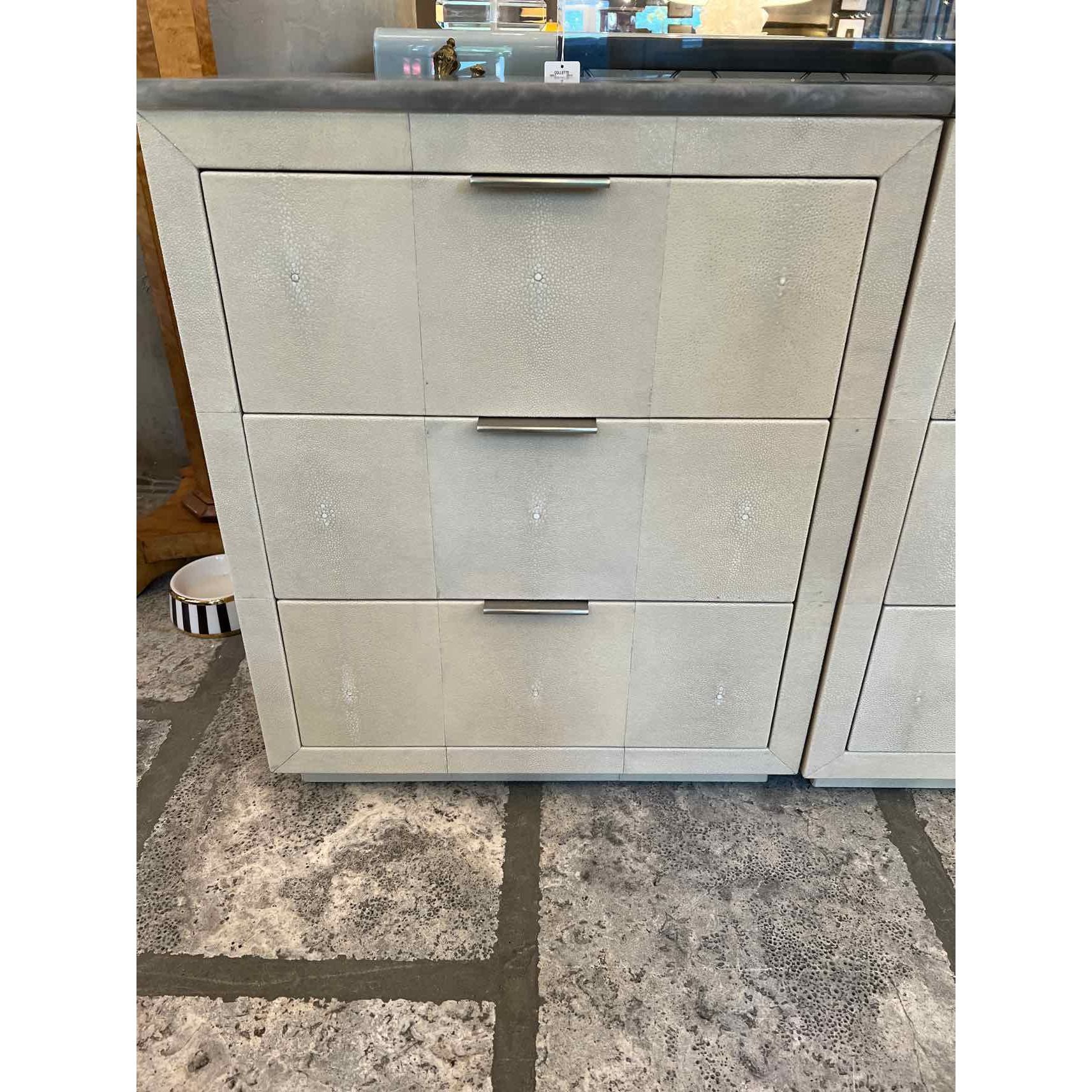 Pair of Shagreen Night Stands with Silver Resin Marble Top