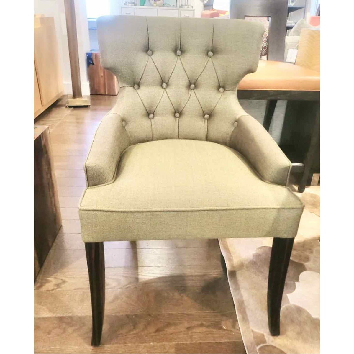 PAIR of Custom Tufted Green Twill Nailhead Chairs w/ Ebony Legs