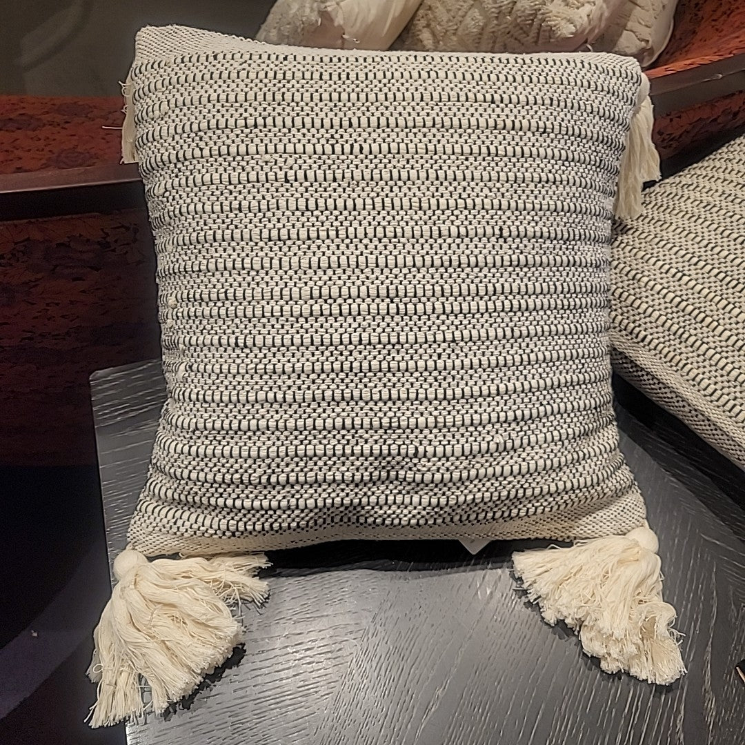 Black & Cream Weave Square Pillow w/ Tassels by Bloomingville