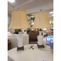 PAIR of White China Veined Table Lamps w/ Beige Shades by Lenox