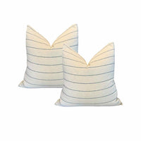 Pair of Custom Linen Pillows with/ Blue Stripe and Navy Blue Backing with Down I
