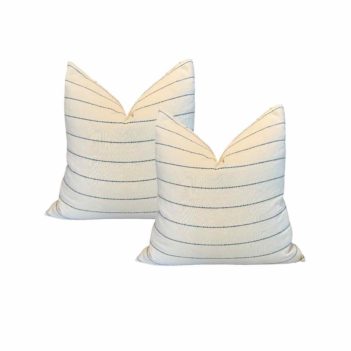 Pair of Custom Linen Pillows with/ Blue Stripe and Navy Blue Backing with Down I