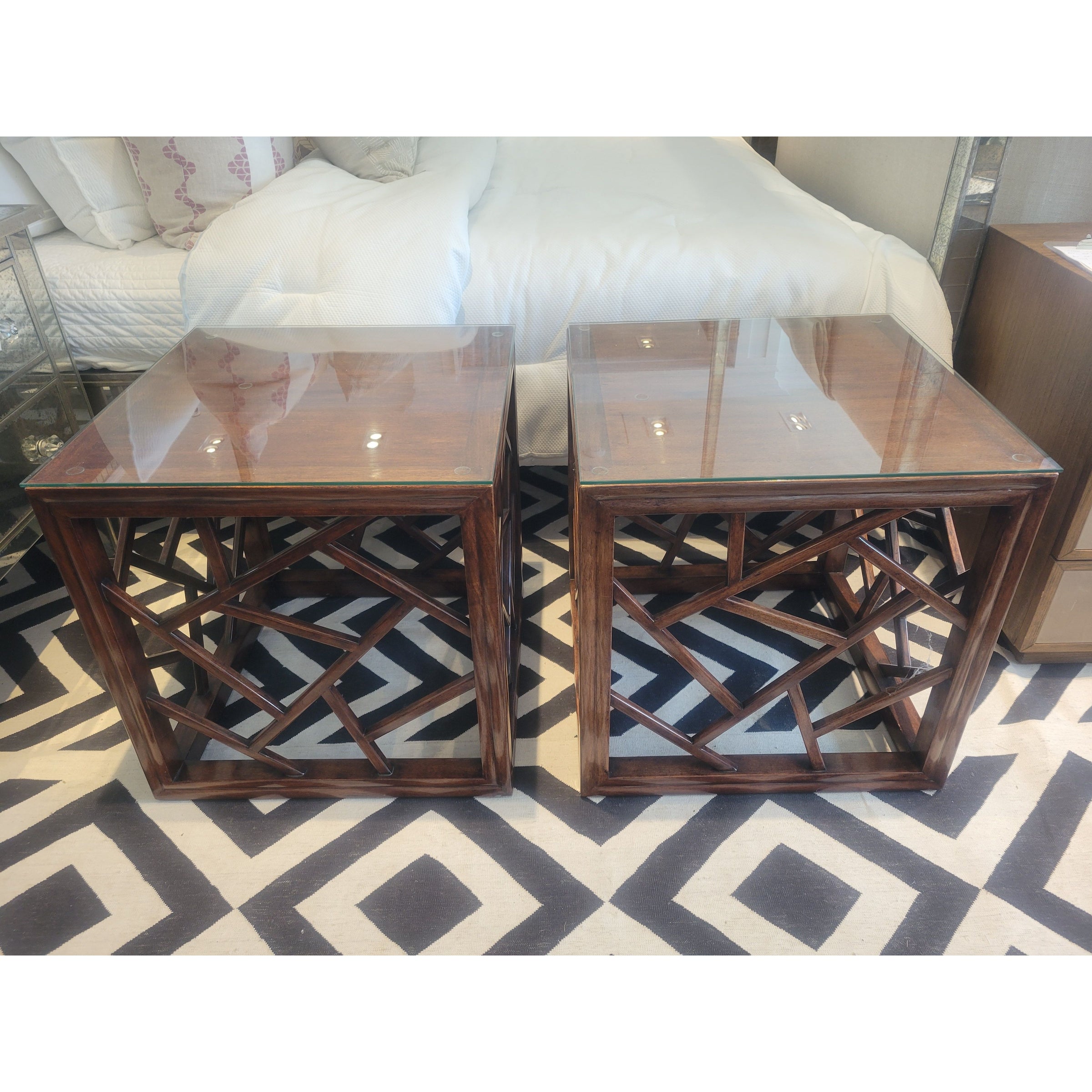 PAIR of Chinese Cracked Ice Wood Side Tables w/ Glass Tops c1900 - colletteconsignment.com