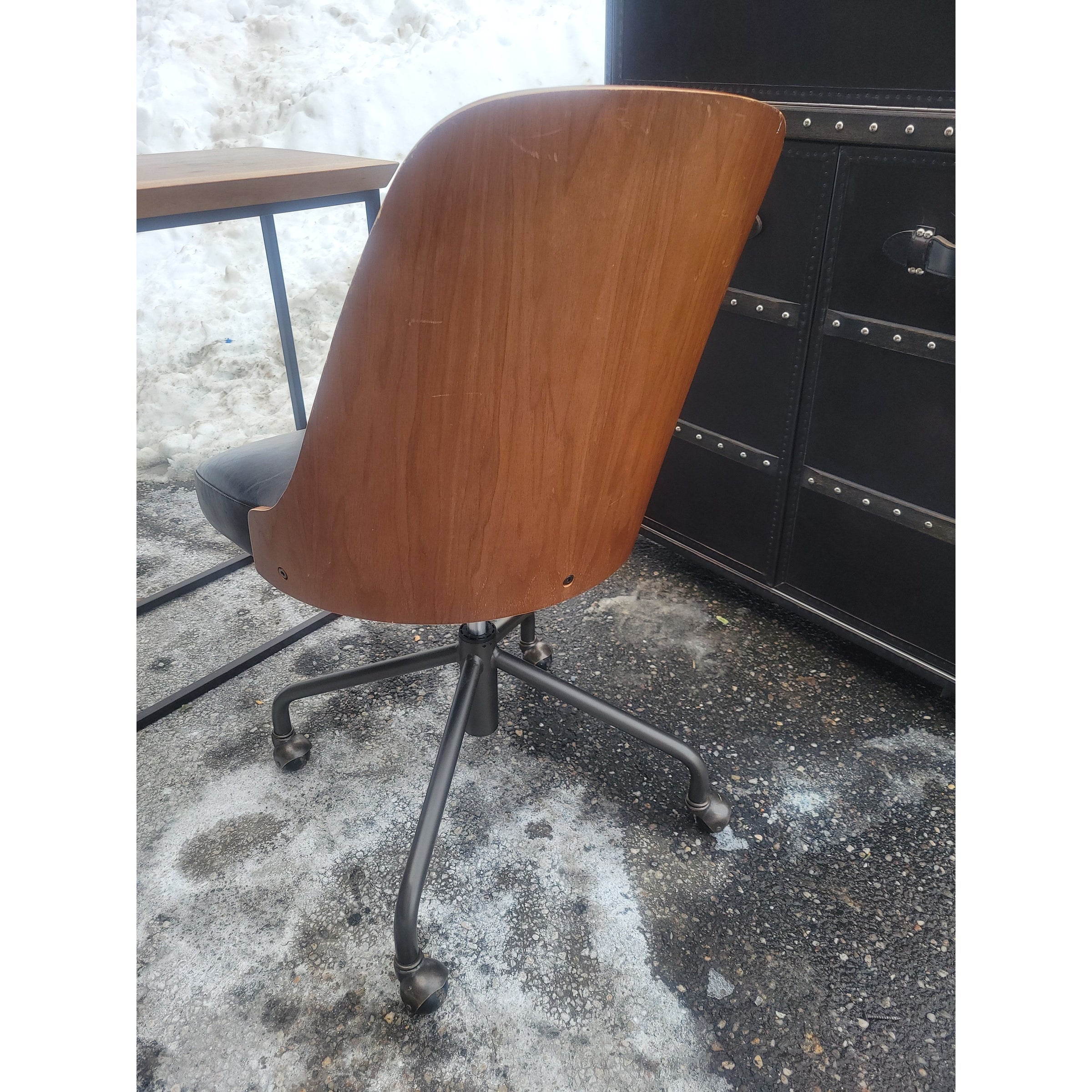 Wood Back Adjustable Rolling Desk Chair w/ Black Leather Seat (AS IS)