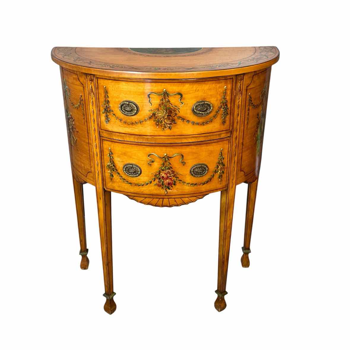 Antique Painted Fruit Wood Demilune Table w/ 2 Drawers