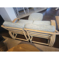2-Pc 1950s Rattan Sofa w/ Blue Cushions & Ottoman - colletteconsignment.com