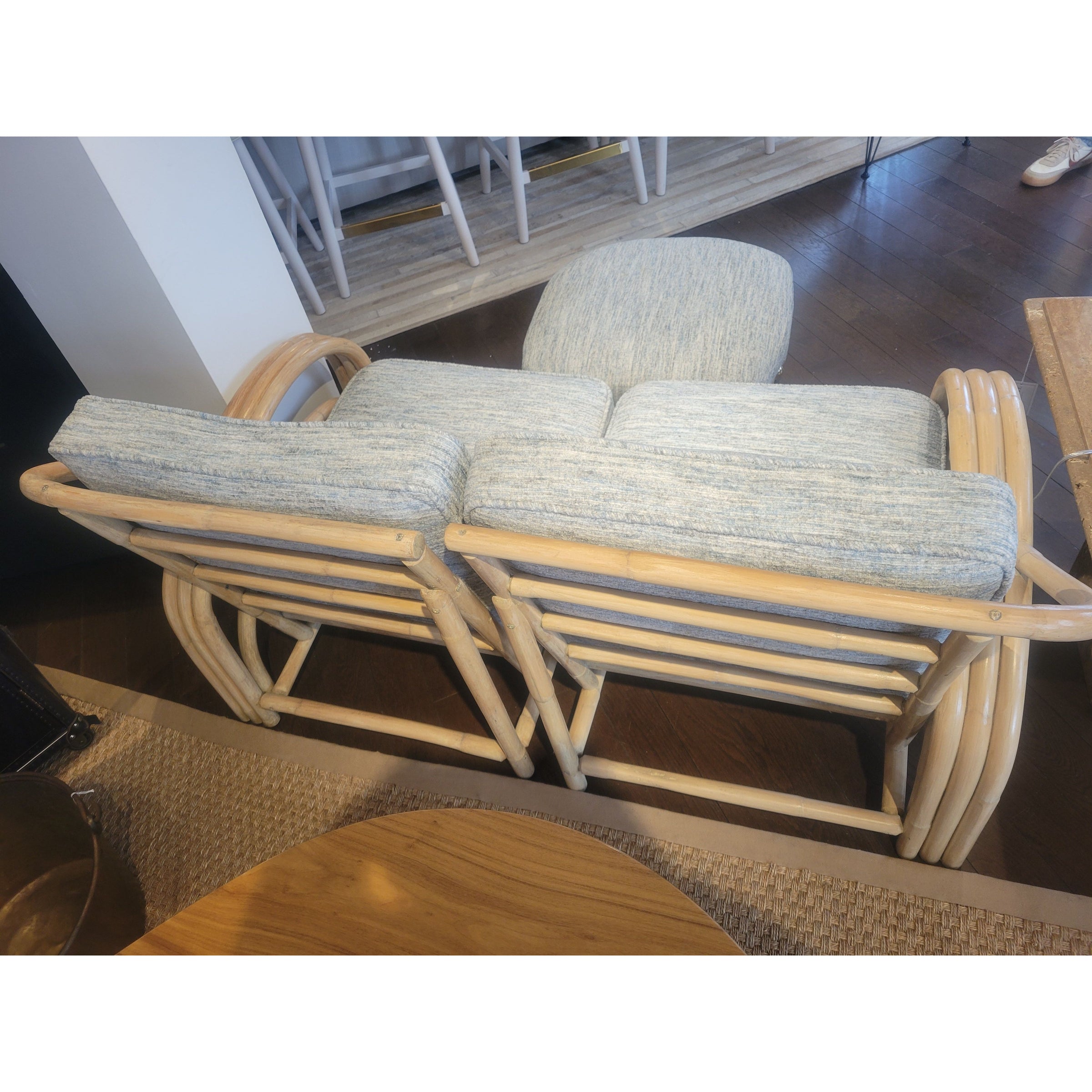 2-Pc 1950s Rattan Sofa w/ Blue Cushions & Ottoman - colletteconsignment.com