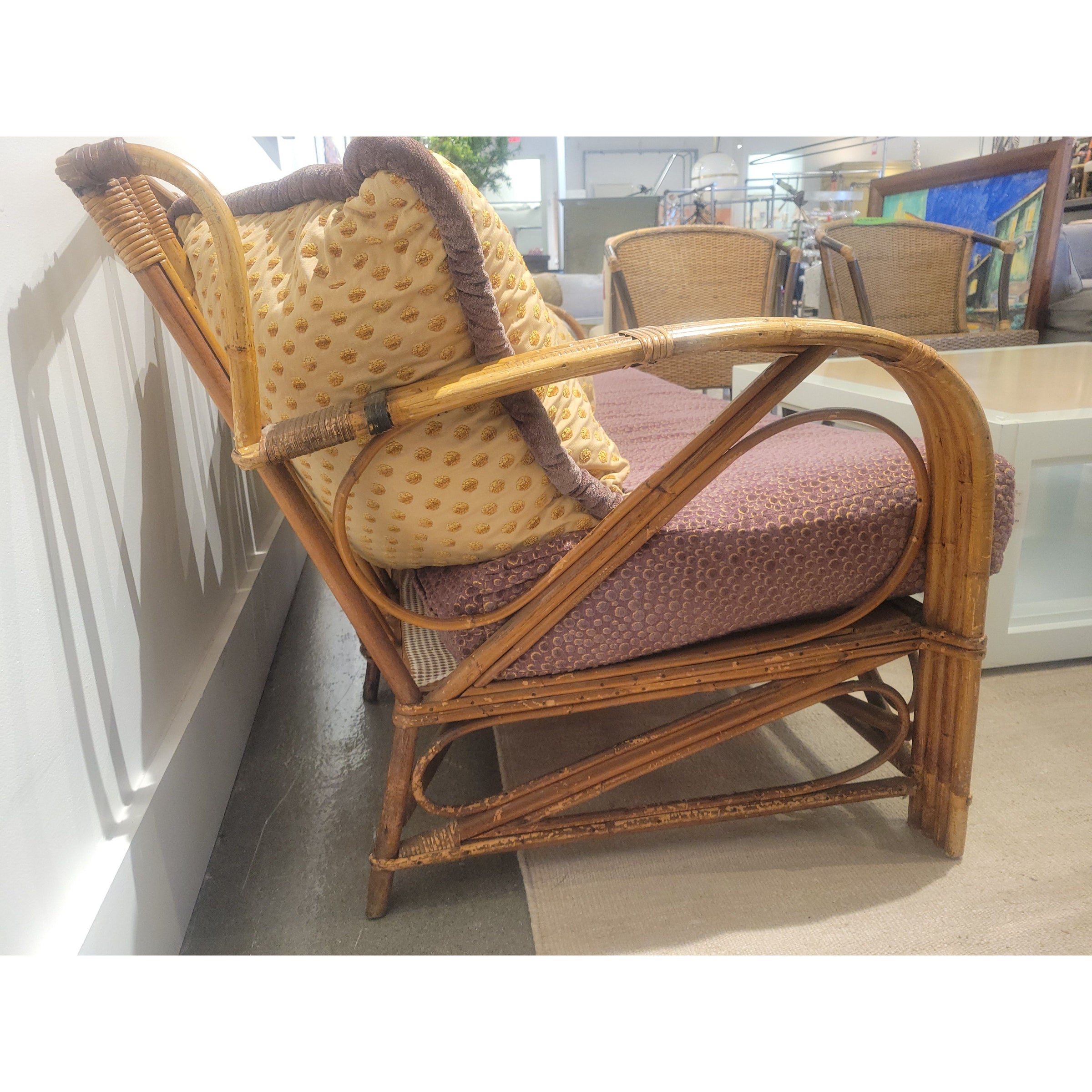Antique Rattan Sofa w/ Bench Cushion & Pillows (AS IS) - colletteconsignment.com