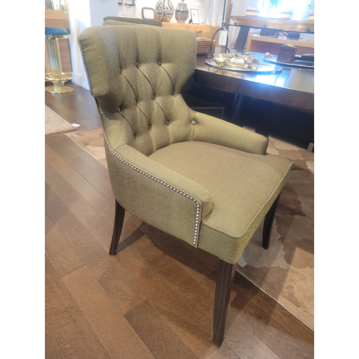 PAIR of Custom Tufted Green Twill Nailhead Chairs w/ Ebony Legs