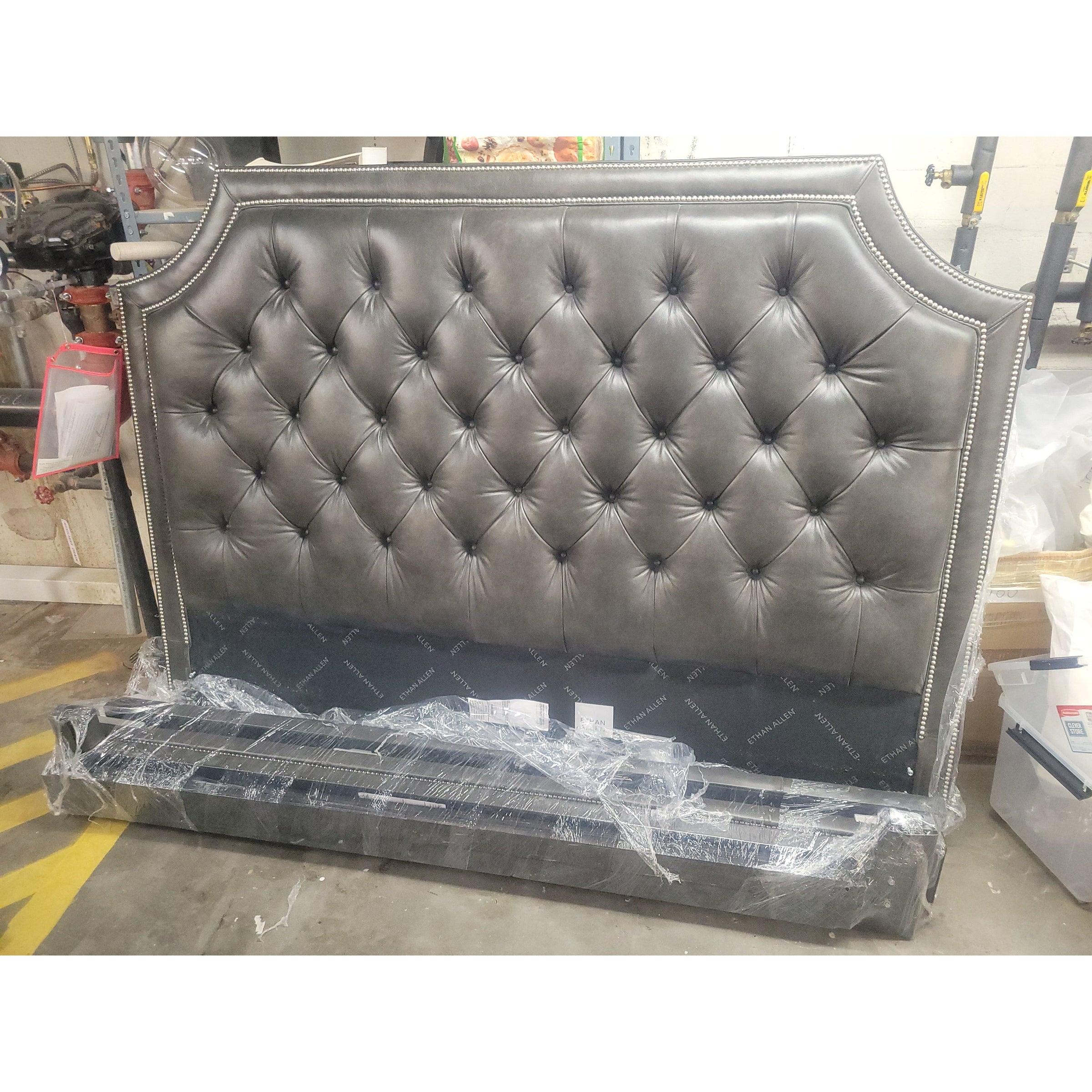 King-Sized 'Lianna' Tufted Charcoal Leather Bed Frame by Ethan Allen - colletteconsignment.com