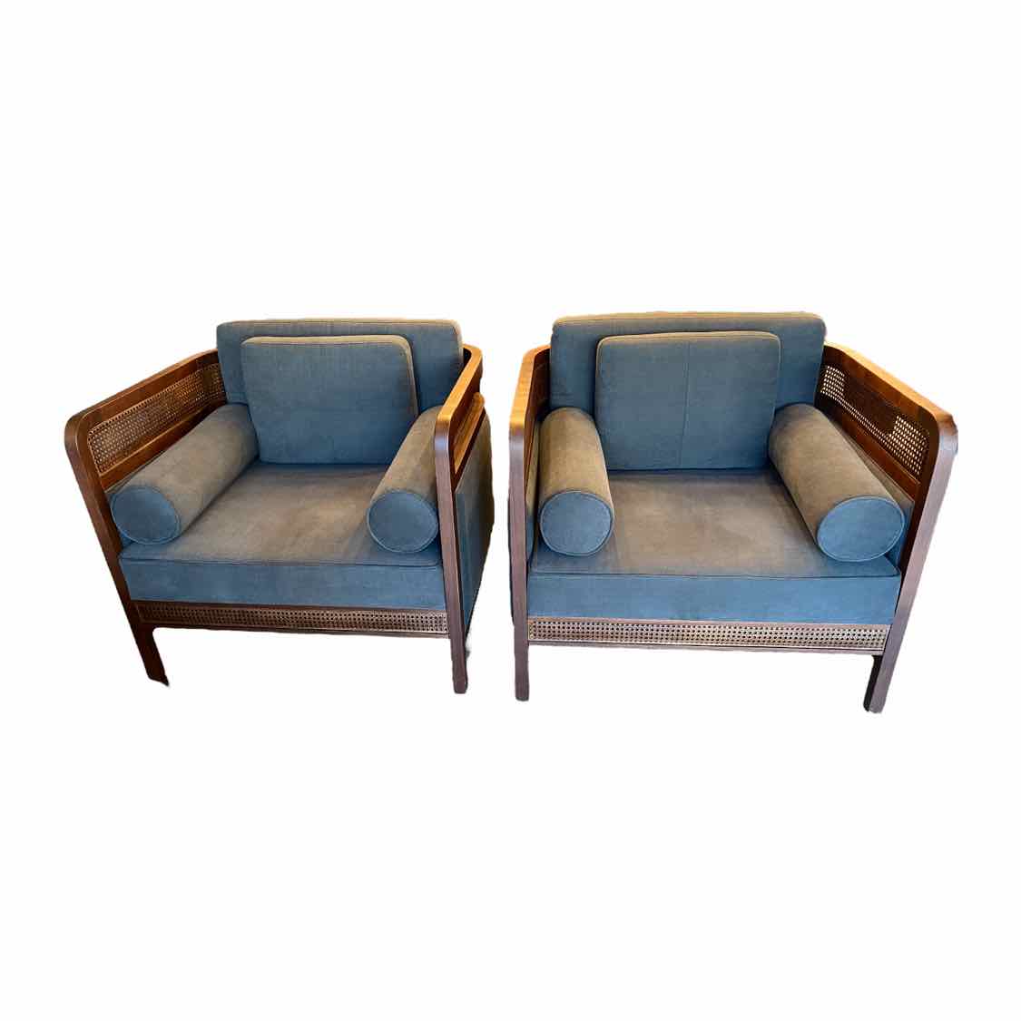 Pair of Tailors Club Chairs. Cherry Wood and Woven Cane in Gray Fabric