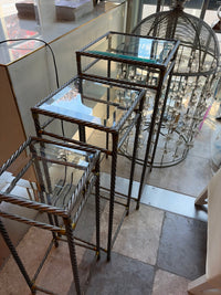 SET of 3 Metal & Brass Side Tables w/ Beveled Glass Tops