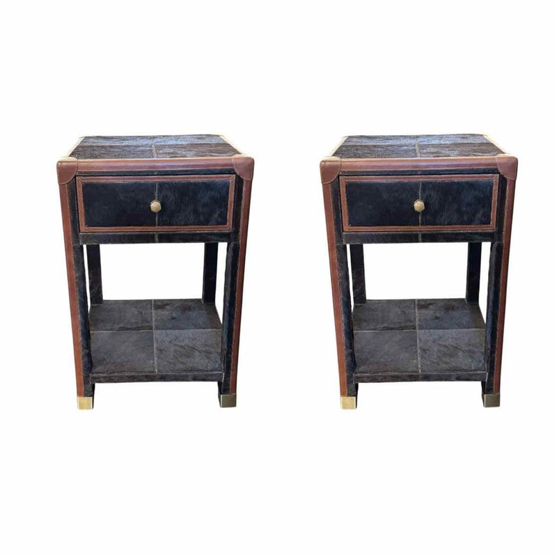 PAIR of 'Branden' Dark Brown Hair-on-Hide Leather Nightstands by Made Goods