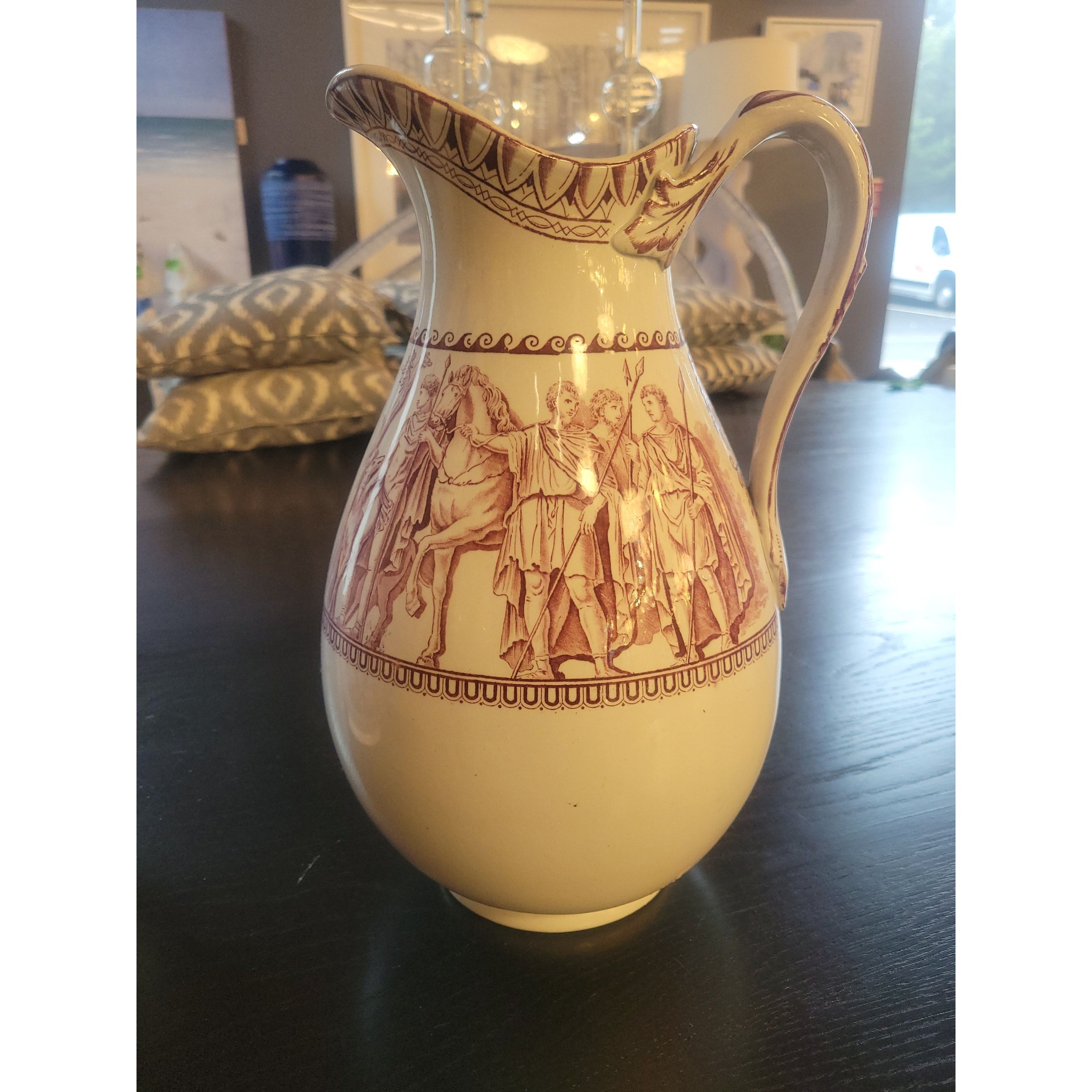 Antique Red Transferware Porcelain Pitcher by Trajan