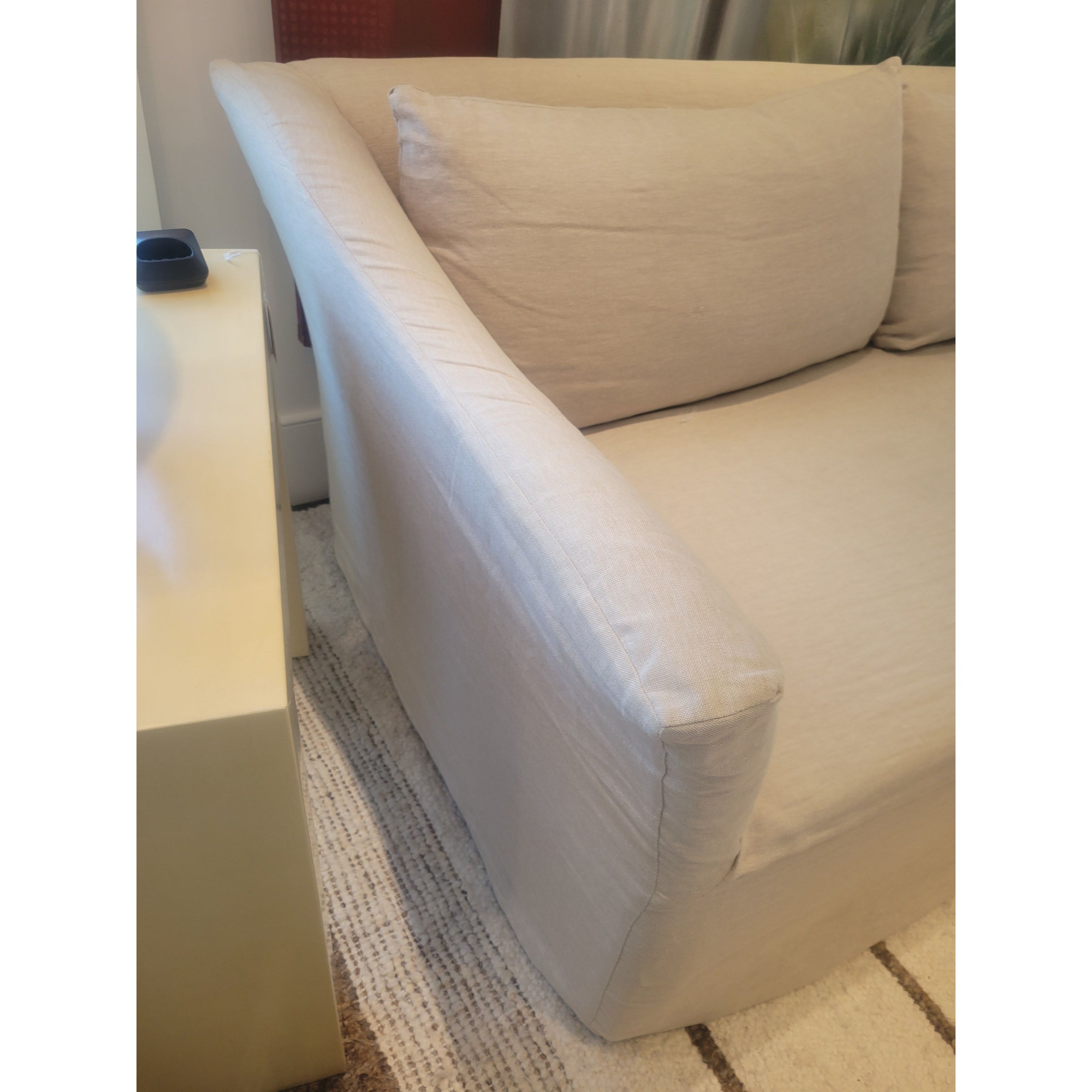 Custom Beige Perf. Linen Slipcover Slope Arm 3-Seater Sofa