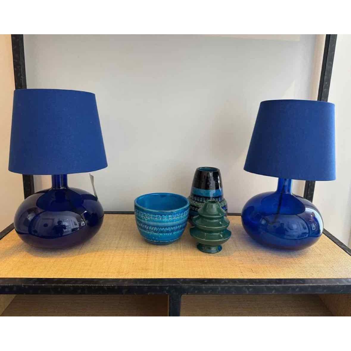 Pair of Blue Glass Table Lamp w/ Blue Shades 9.5"Diam X 17"H