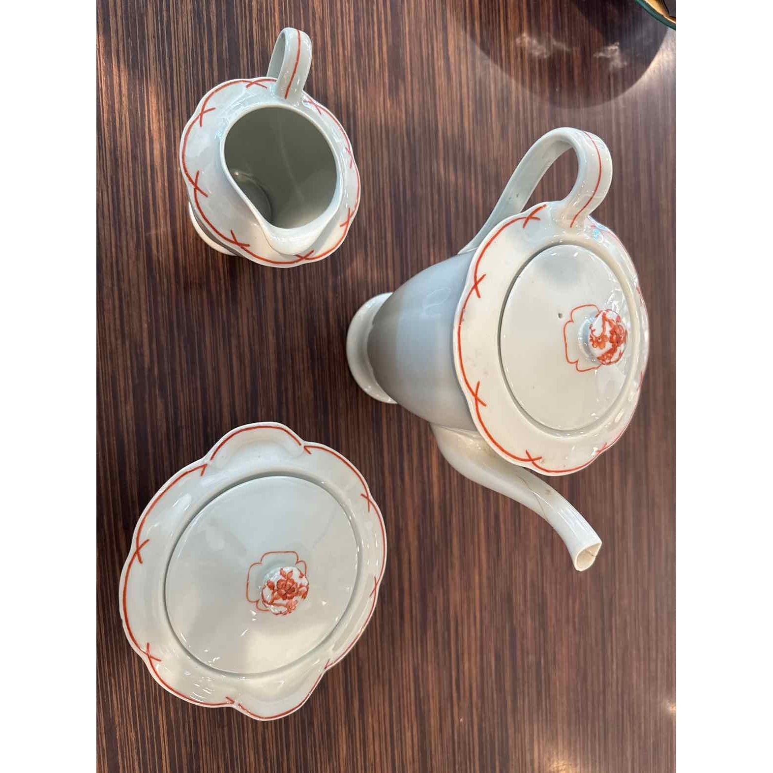 AntiqFrench Limoges Creamer & Sugar Celadon w/ Orange Design, 11"L x 5"W x 4.25H