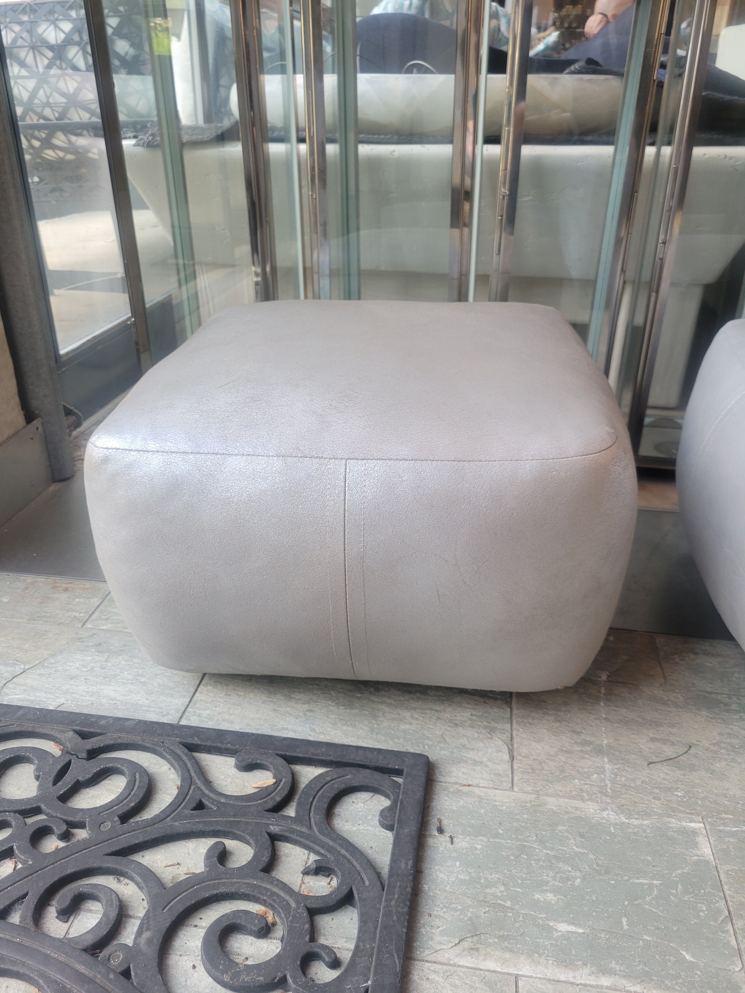 Square Silver Leather Pouf (AS IS)