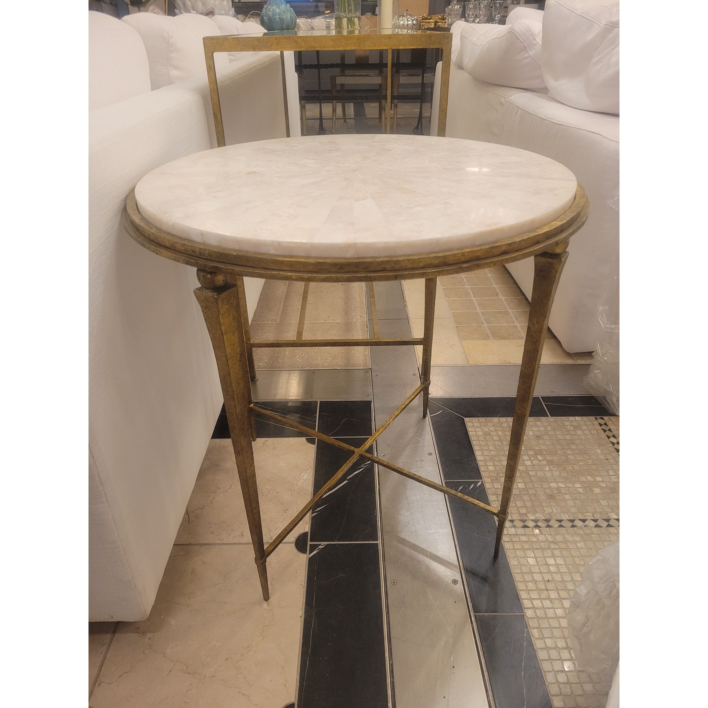 Yves Gold Finish Iron Side Table w/ White Agate Top by Oly - colletteconsignment.com