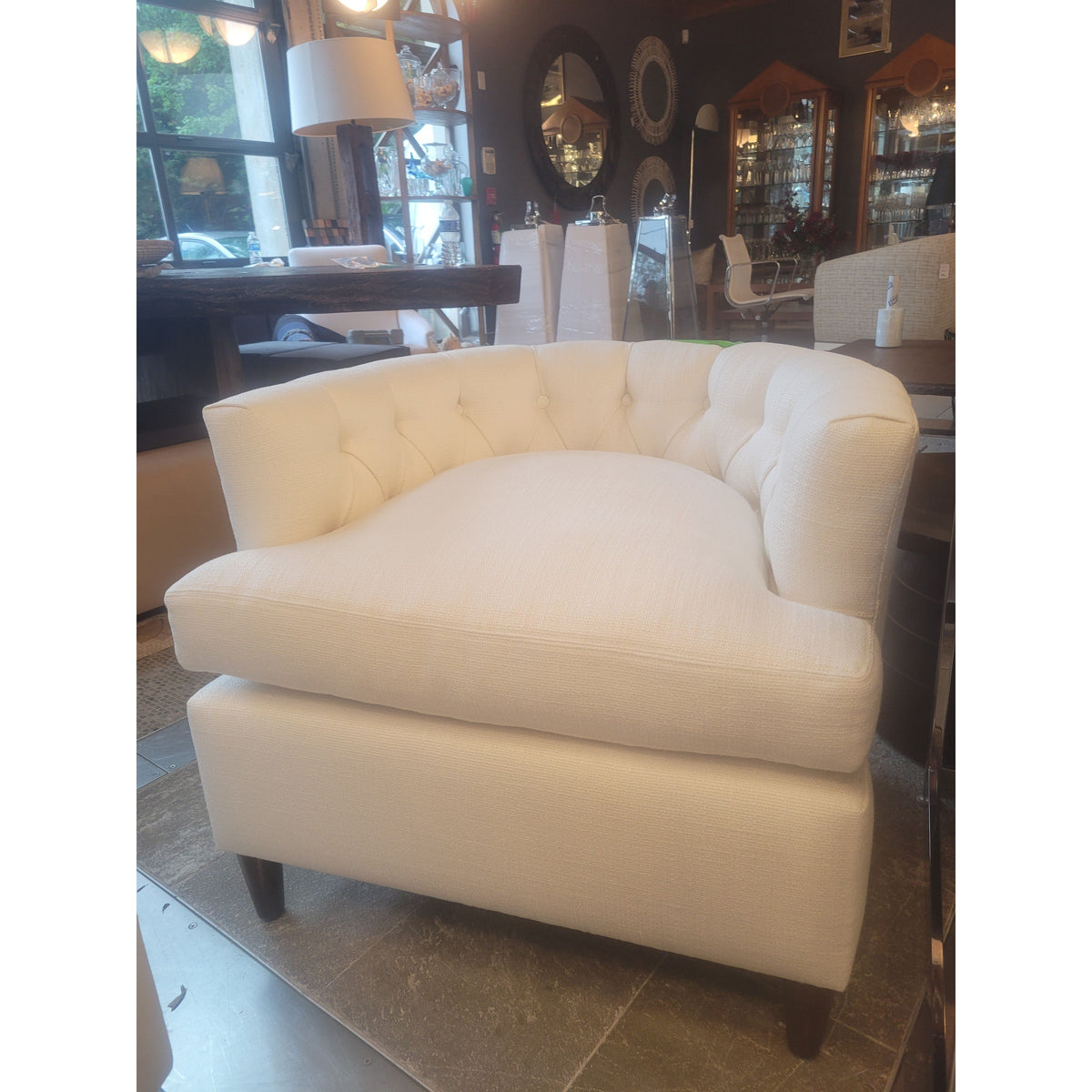 PAIR of Custom Beige Tufted Club Chairs w/ Dark Wood Legs