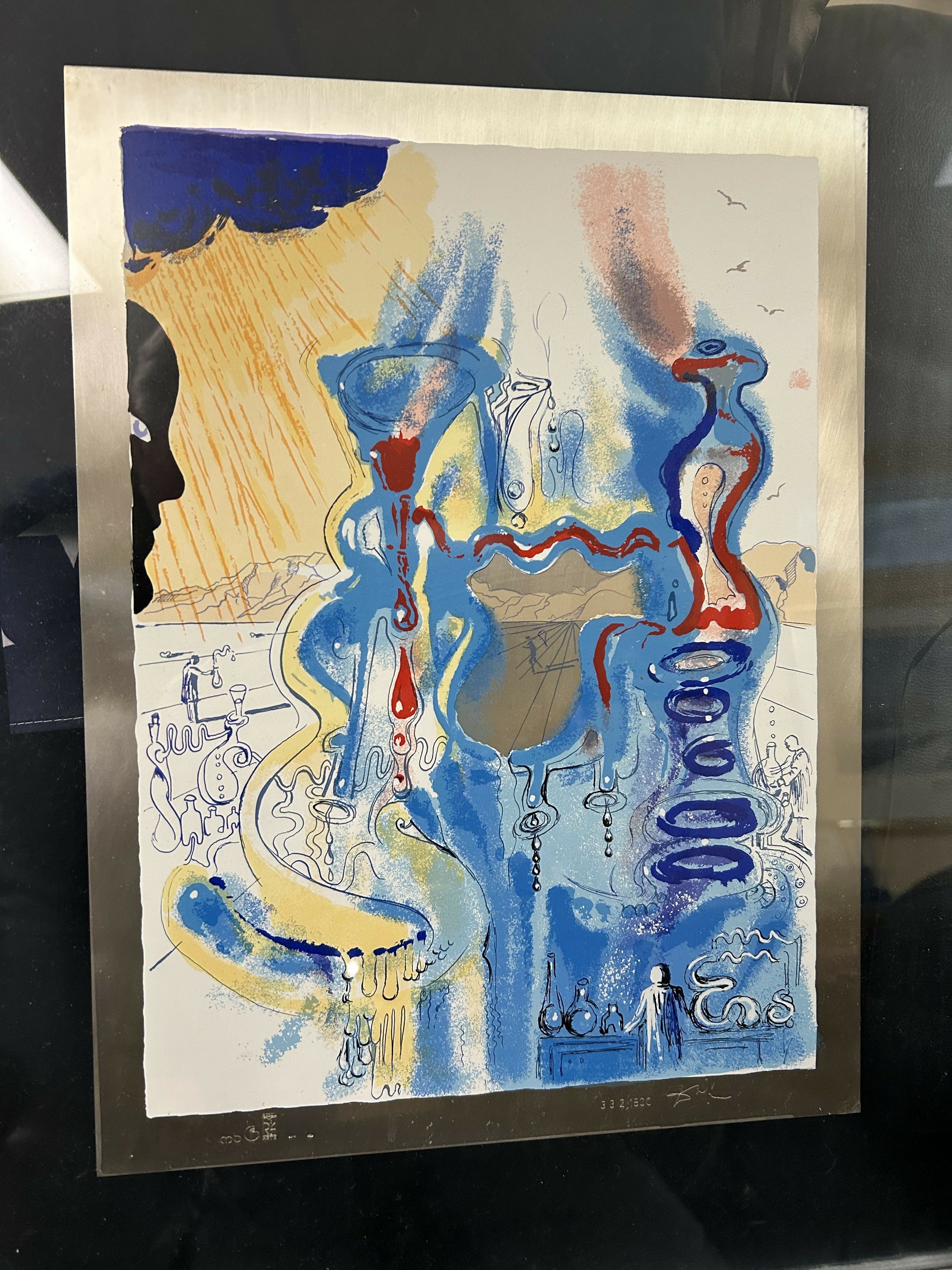 Blue L.E. Serigraph Signed by Salvador Dali on Silver Plate in Gold Frame