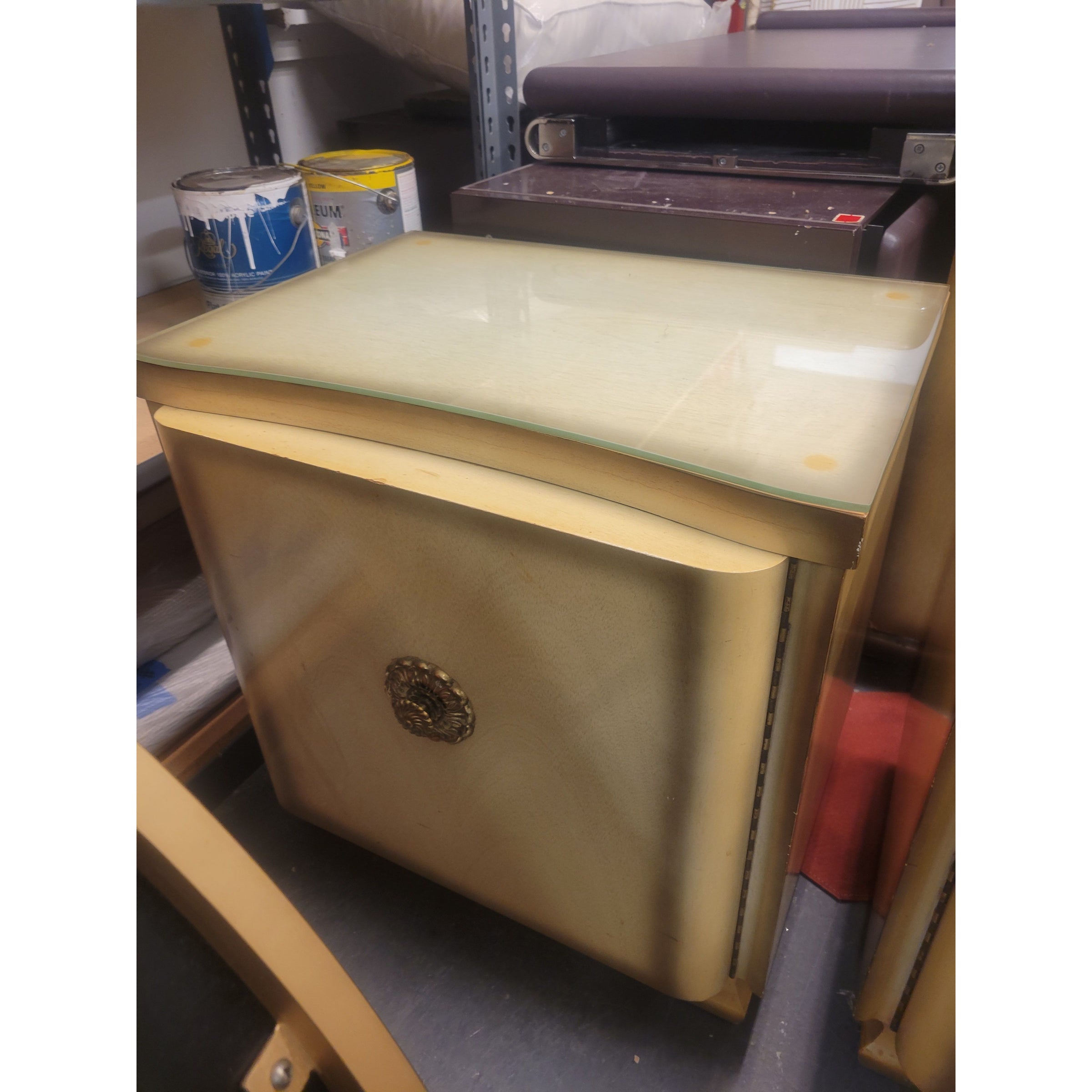 PAIR of Custom 1960s Pine Nightstands w/ Brass Pulls - colletteconsignment.com