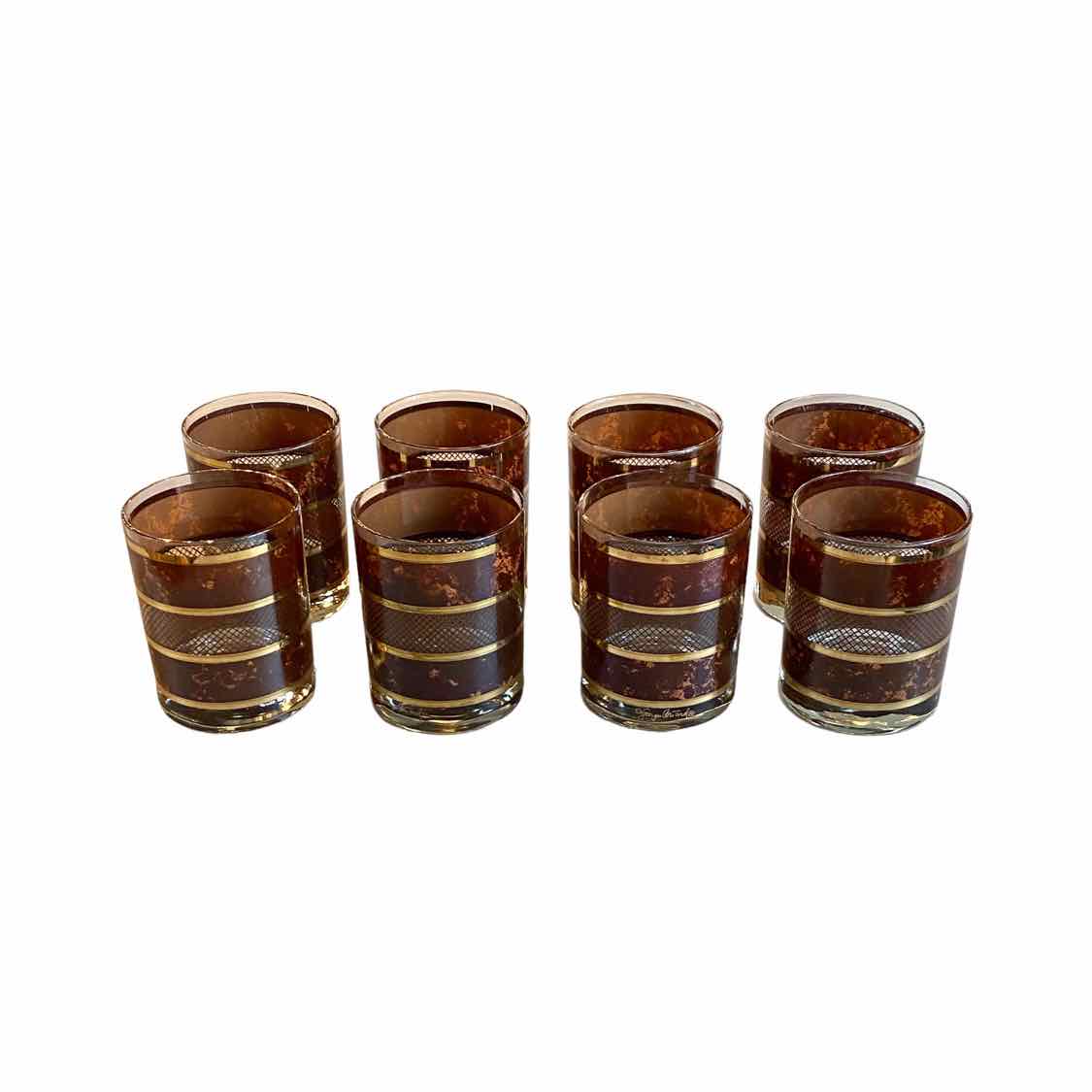 George Briard Set of 8+1 Double Old Fashioned Glasses 4"1/4 H Brown and Gold