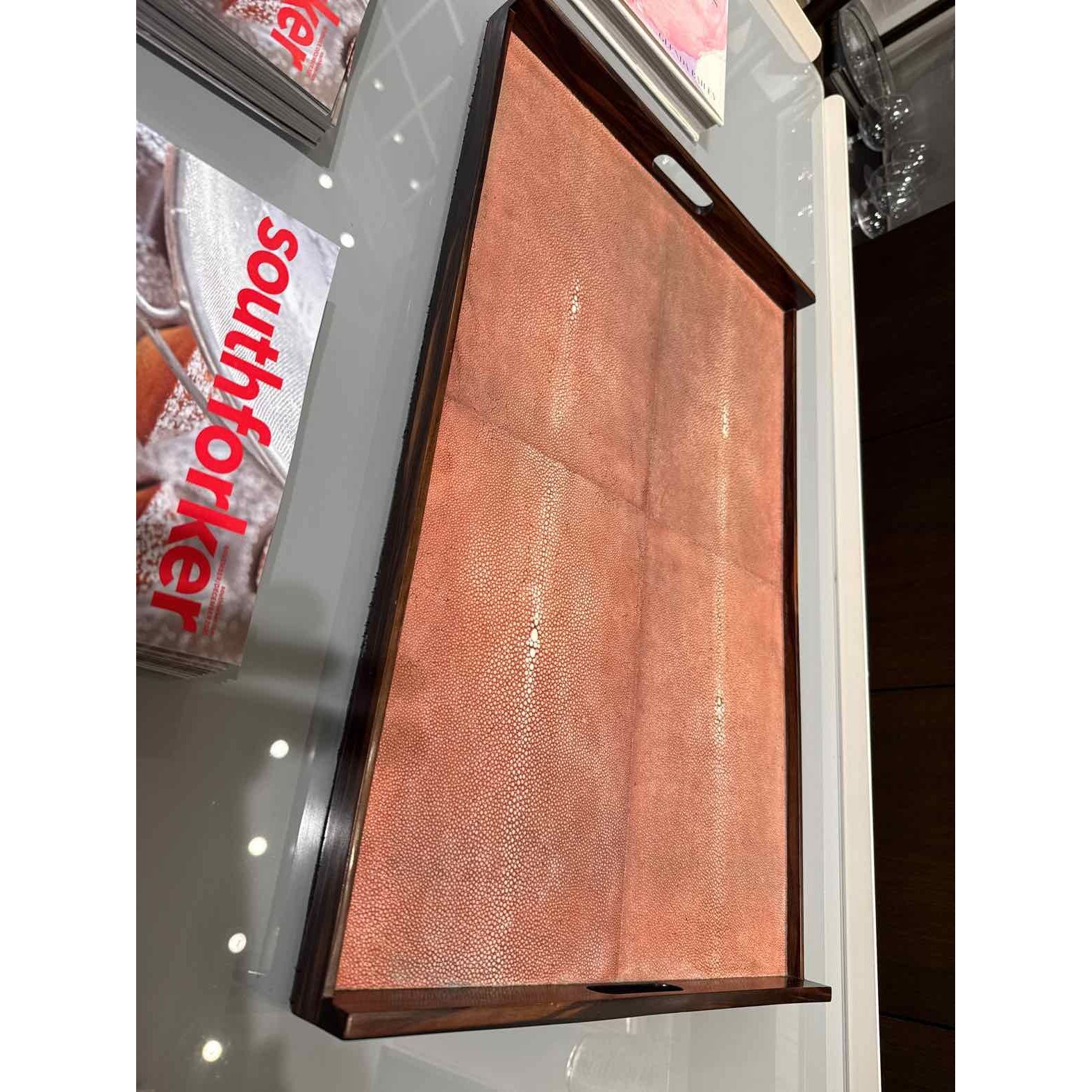 Mid Century Rosewood Tray w/Shagreen Liner  Handles, 25.75L x16.5"W x 2"H