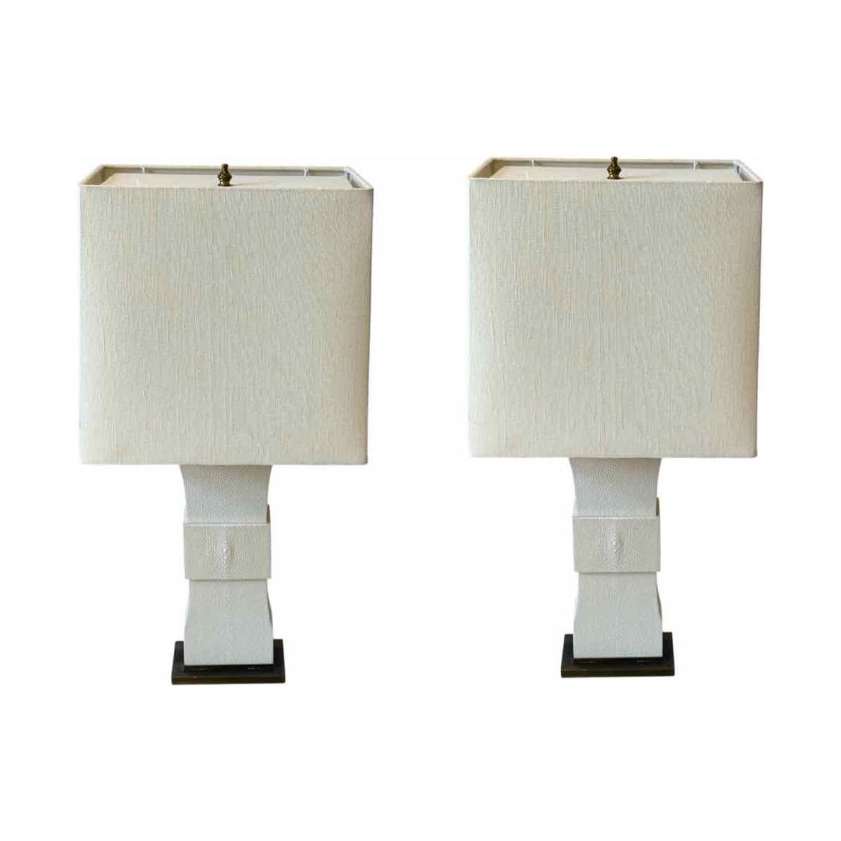 PAIR of Shagreen & Brass Trim Table Lamps w/ Linen Shades by Kessler