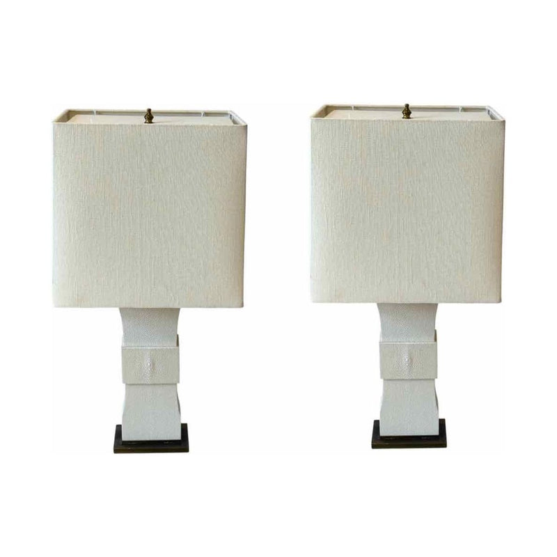 PAIR of Shagreen & Brass Trim Table Lamps w/ Linen Shades by Kessler