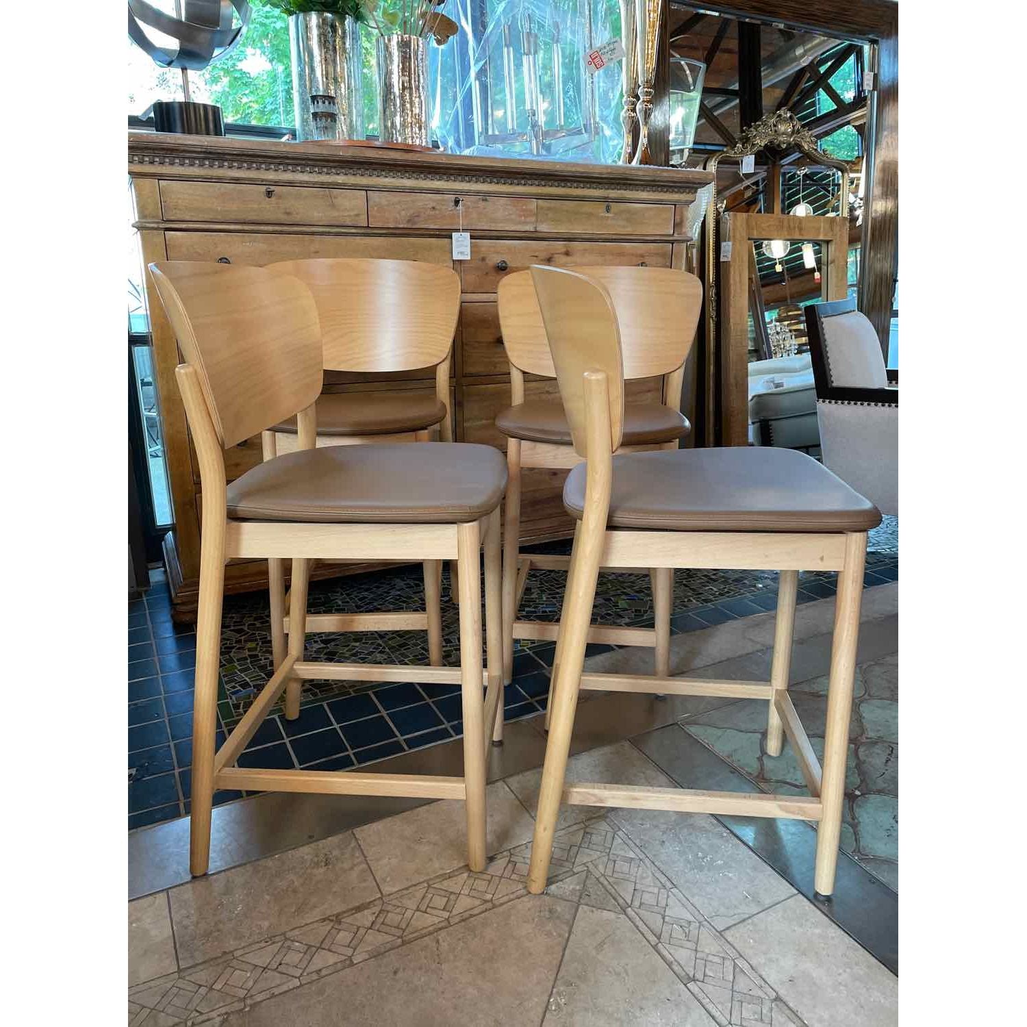 SET of 4 Leather & Wood Valencia Counter Stools by Ton (AS IS)