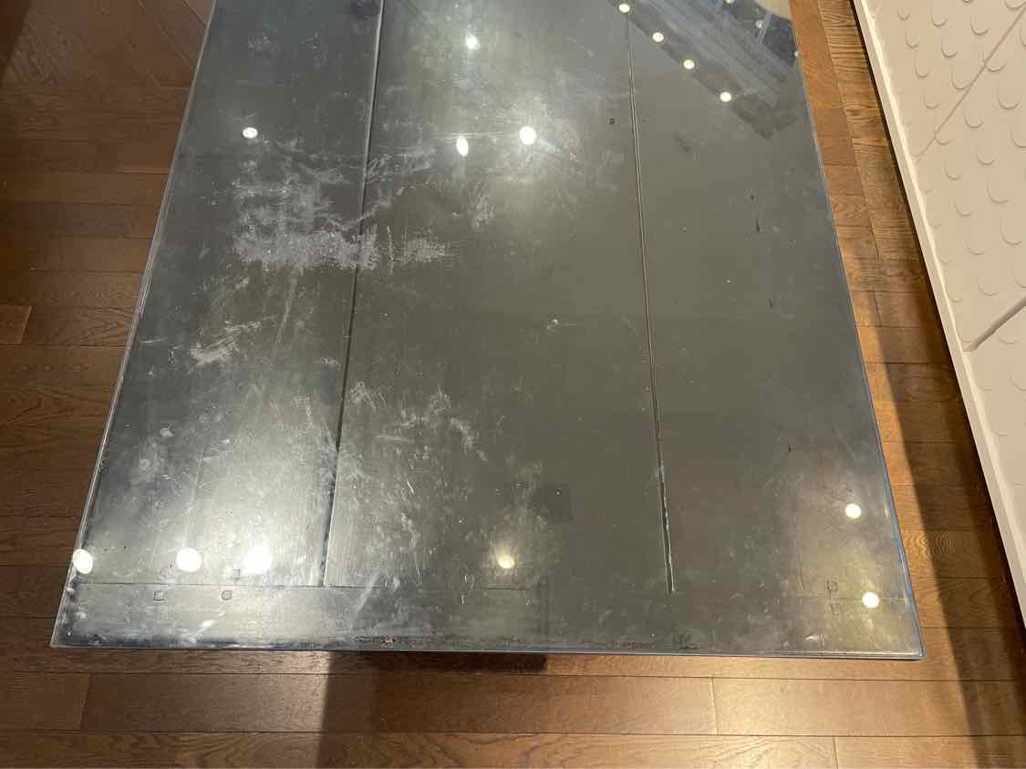 Antique Black Wood Slat Dining Table w/ Drawer & Glass Top