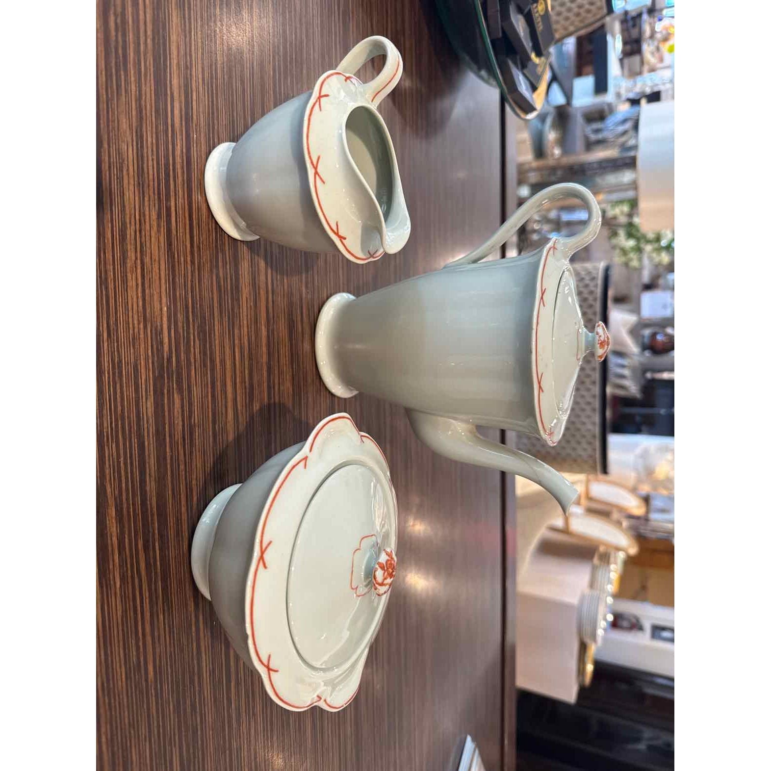 AntiqFrench Limoges Creamer & Sugar Celadon w/ Orange Design, 11"L x 5"W x 4.25H
