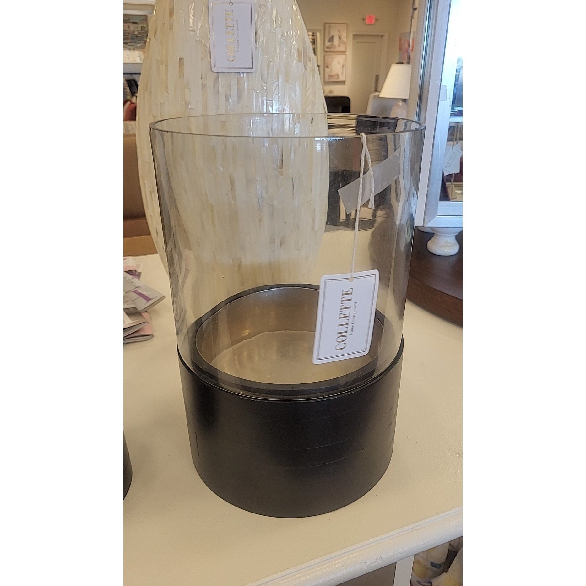 Large Clear Glass Hurricane w/ Black Wood & Metal Base