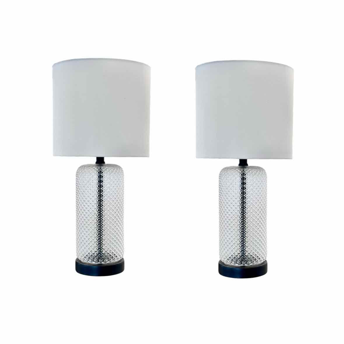 PAIR of Ribbed Glass Table Lamps w/ White Shades