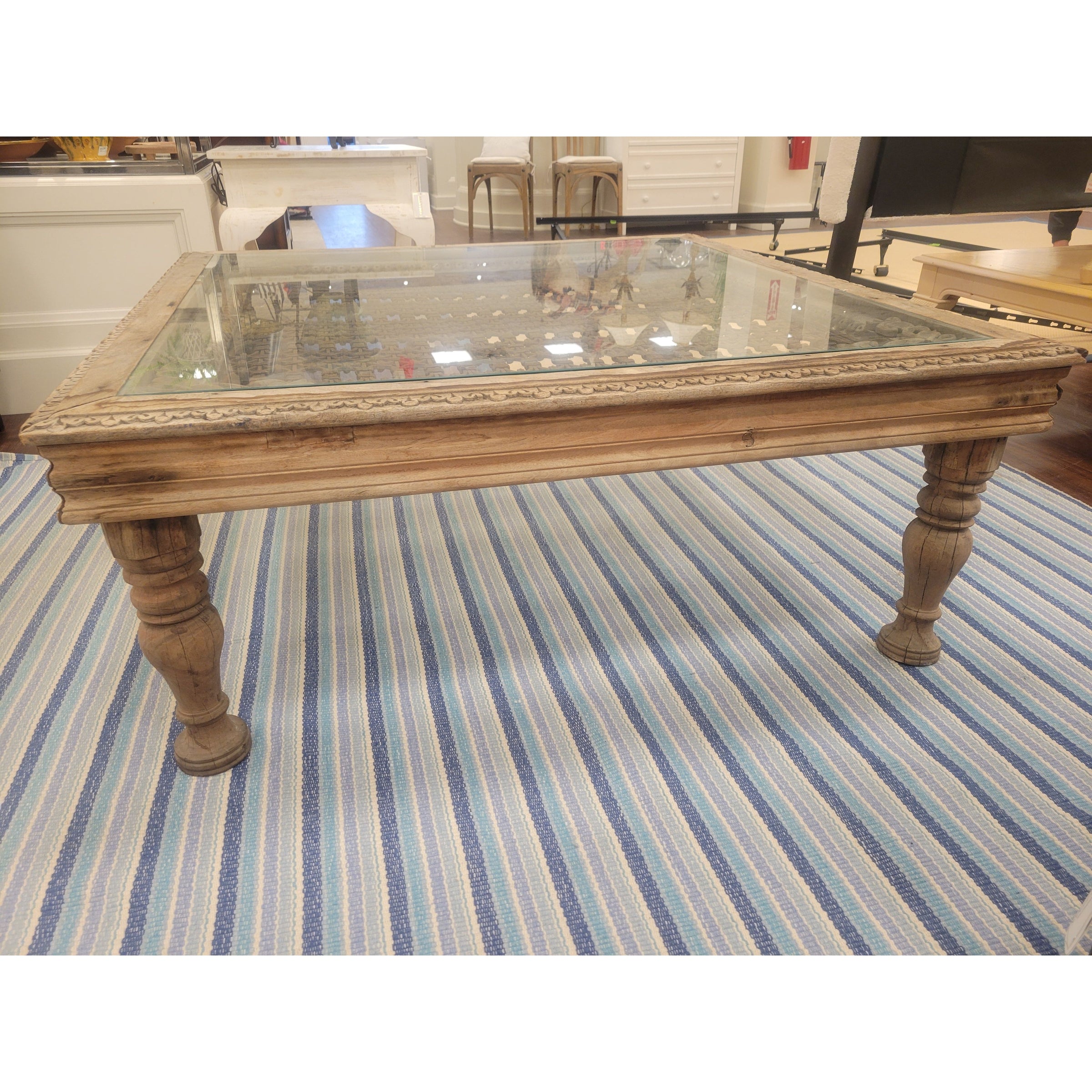 Vintage Indian Window Grate Metal & Wood Coffee Table w/ Glass Top (AS IS)