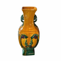 Art Nouveau Glazed Ceramic 2-Handled Vase in Mustard and Green Glaze