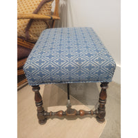 Antique Mahogany Ottoman w/ Blue Upholstered Seat & Iron Detail (AS IS)