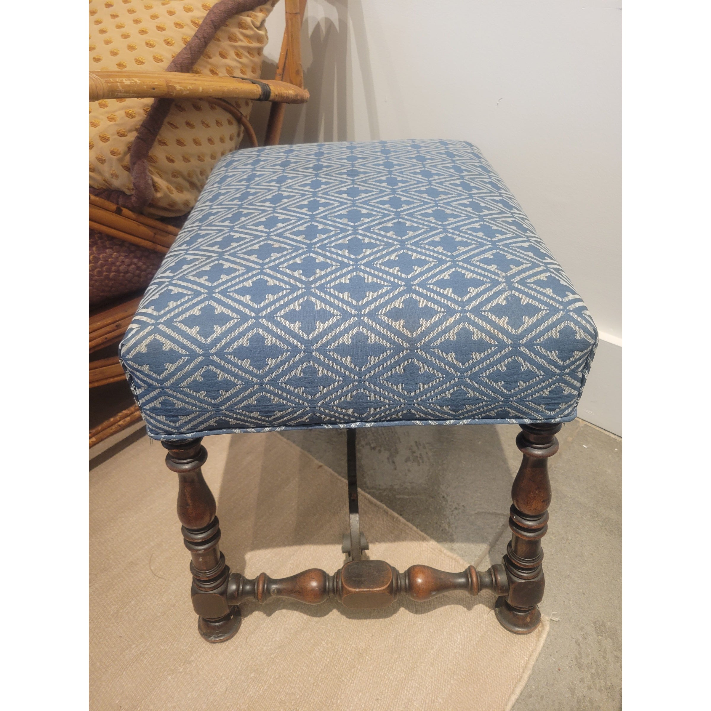 Antique Mahogany Ottoman w/ Blue Upholstered Seat & Iron Detail (AS IS)