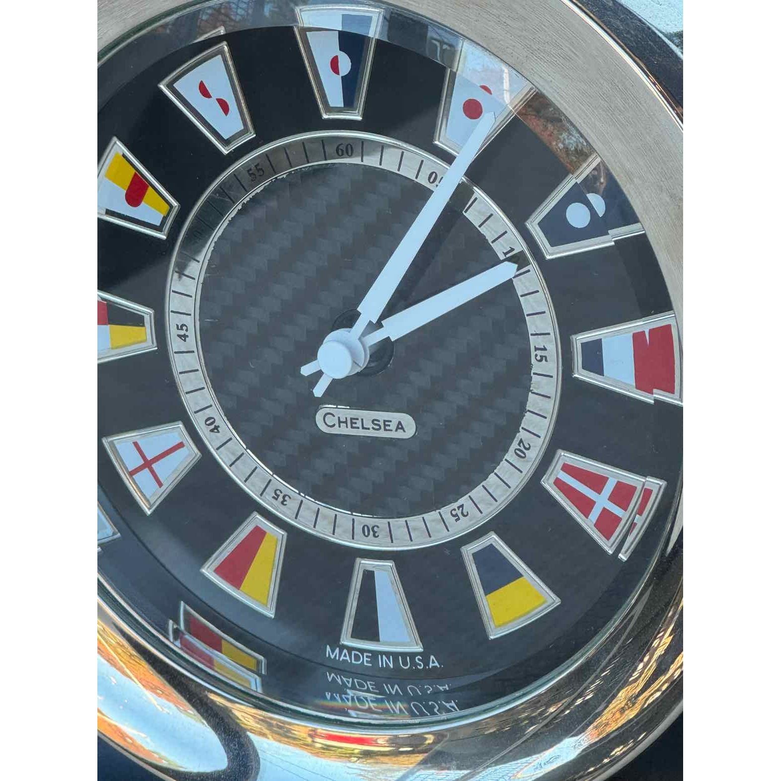 Carbon Fiber Flag Clock, Nickel, Traditional Black Base 9.5"Hx7.5"Wx4"D