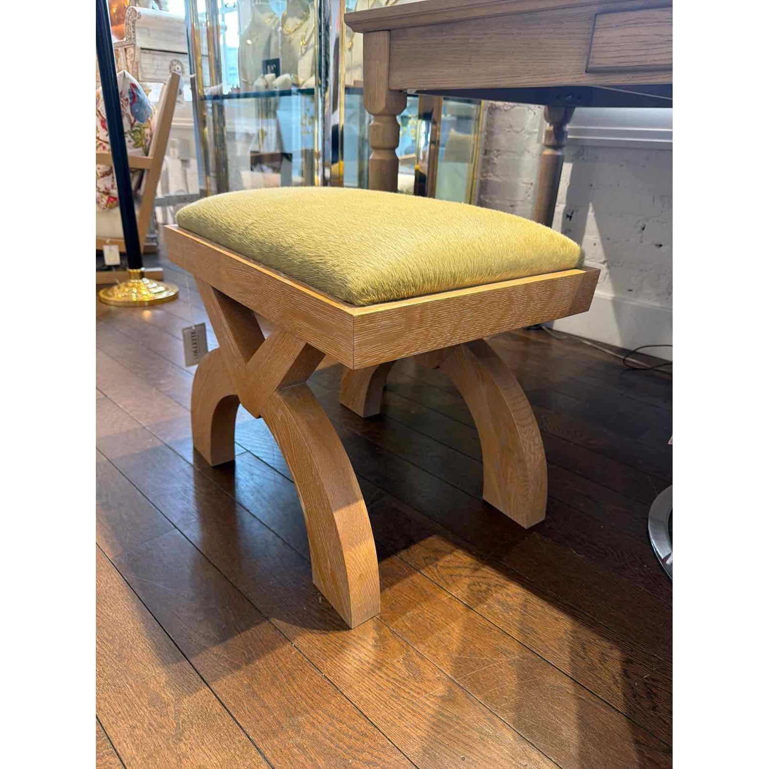 Custom Green Pony Hide Bench on Natural Wood Legs