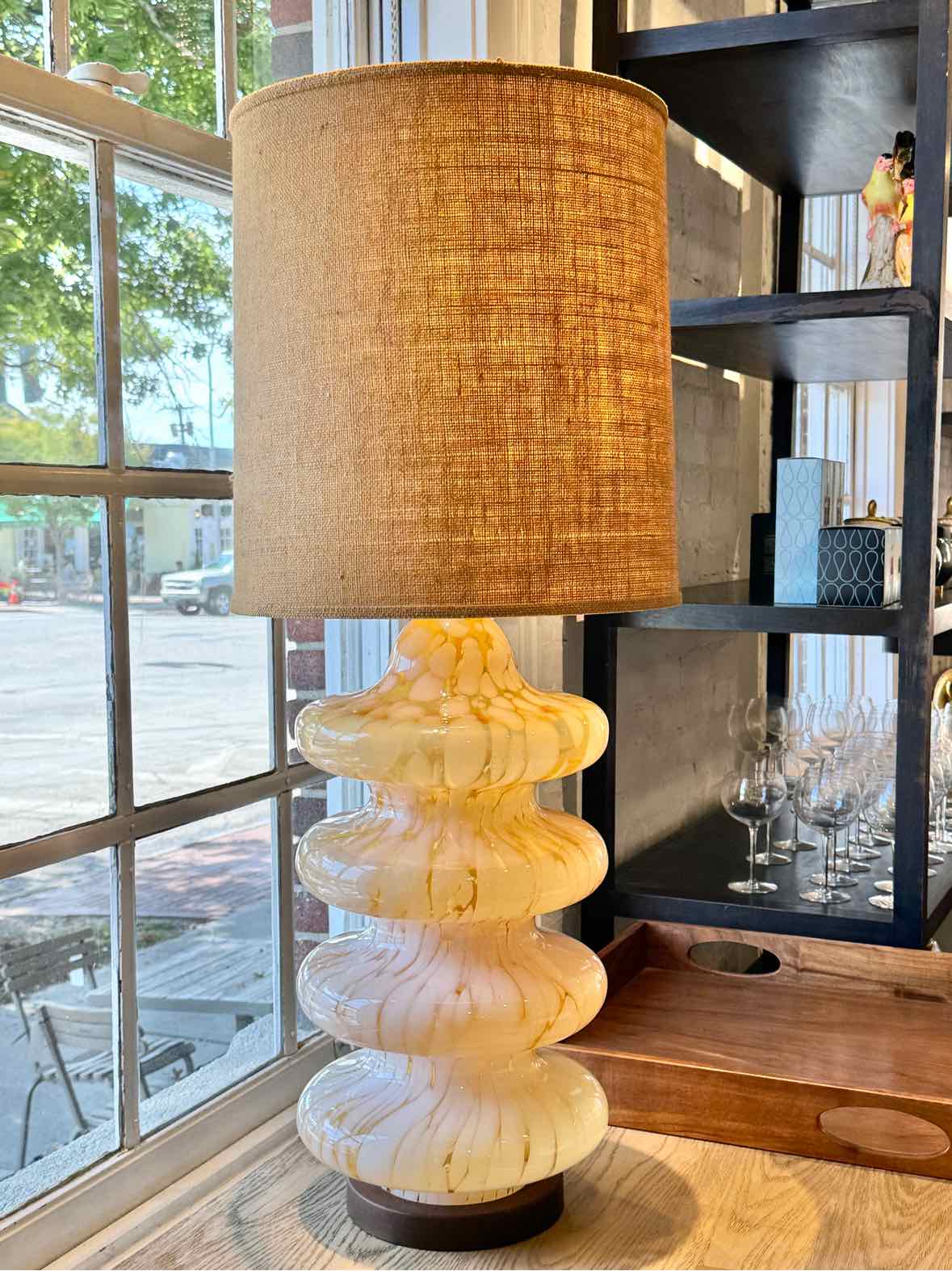 Vintage Murano Glass Pagoda Lamp by Carlo Nason for Mazzega w/ Burlap Shade