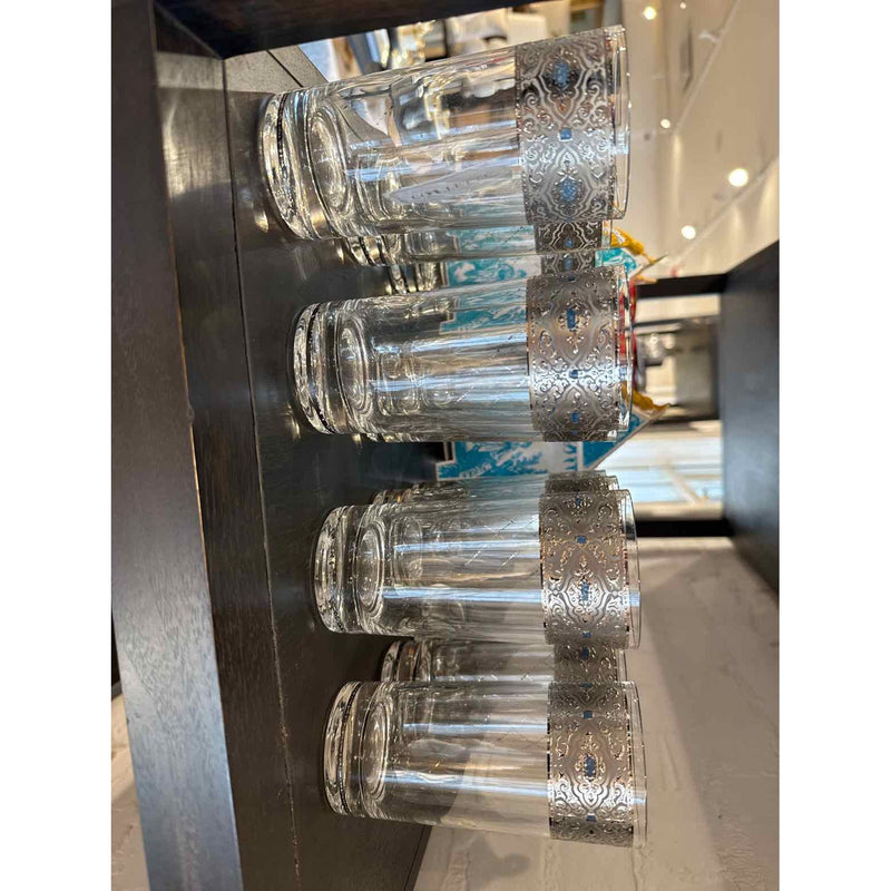 Set of Twelve Mid Century Silver & Blue Highball Glasses, 5.5"H x 2.75" Dia