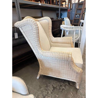 Beige Wicker Wingback Arm Chair w/ White Cushion