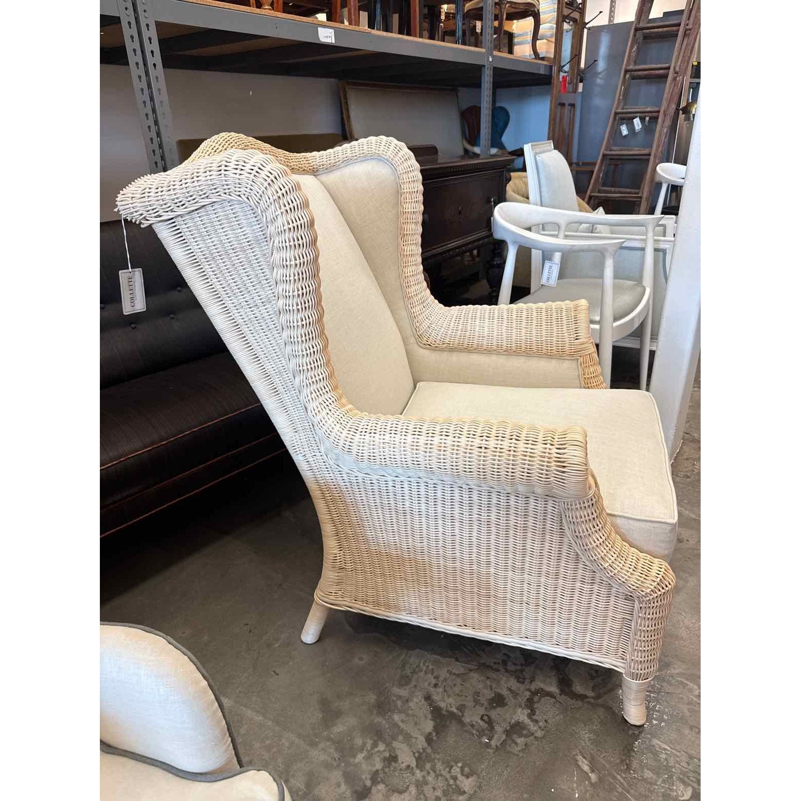 Beige Wicker Wingback Arm Chair w/ White Cushion