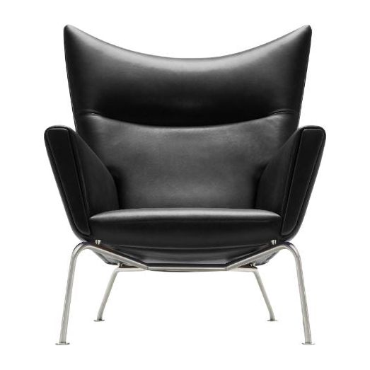 32M48EVB - Black Leather Wing Chair w/ Stainless Steel Base by Hans J. Wegner