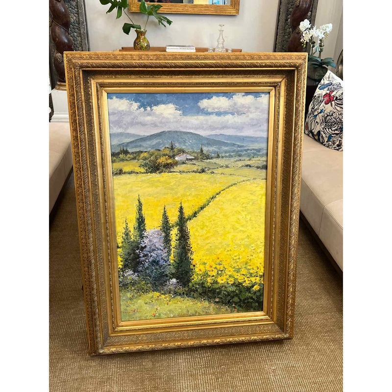 Farm House Landscape Oil Painting with Sunflowers w/ Gilt Frame